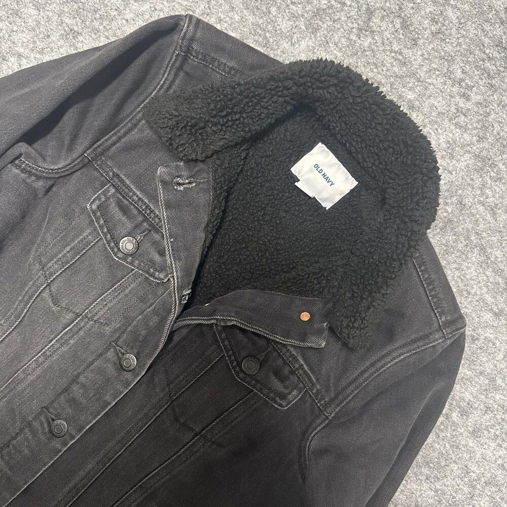 Old Navy Sherpa Lined Black Denim Button Up Trucker Jacket‎ Women's Small